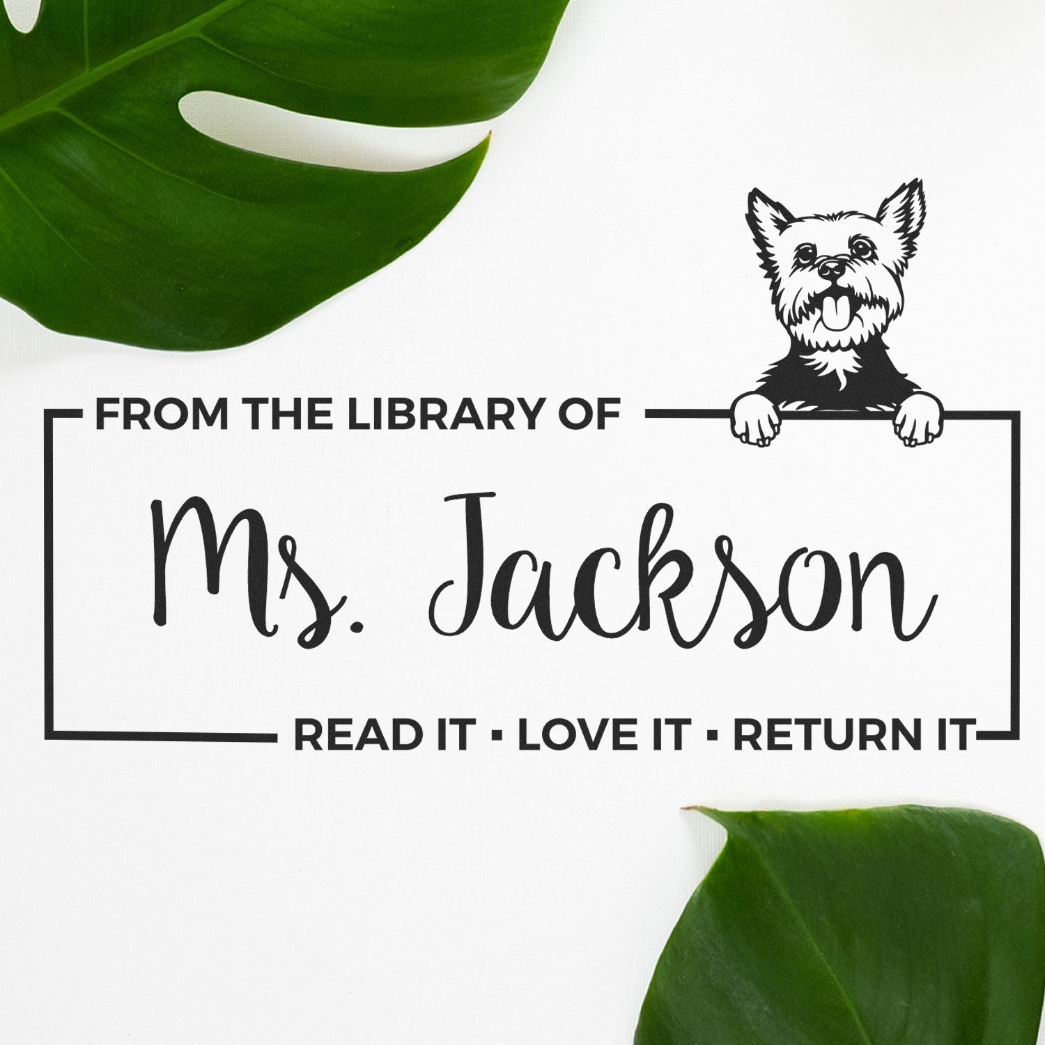 Custom library rubber stamp with dog design and personalized Ms. Jackson text, reading Read it, love it, return it.