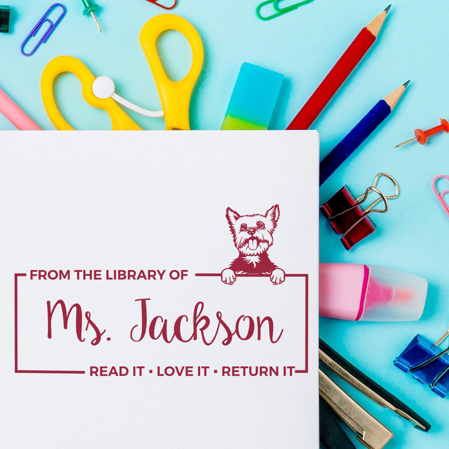 Custom library rubber stamp for books, featuring a personalized Mrs. Jackson return stamp for teachers and classrooms.