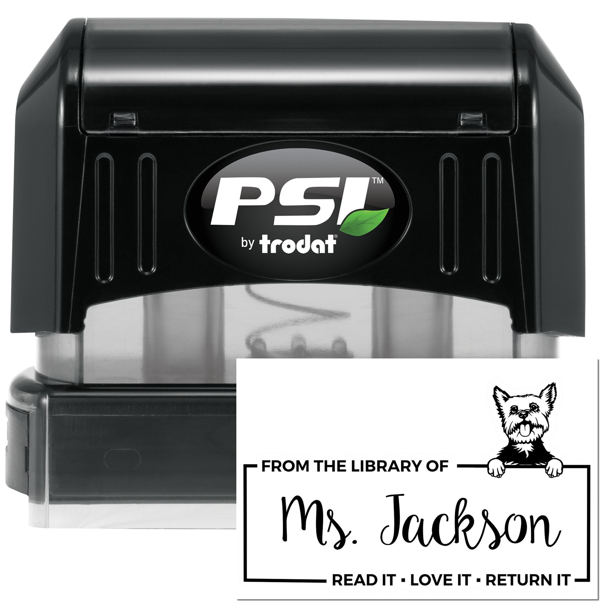 Personalized self-inking library rubber stamp by PSI/Trodat with From the Library of Ms. Jackson book return design.