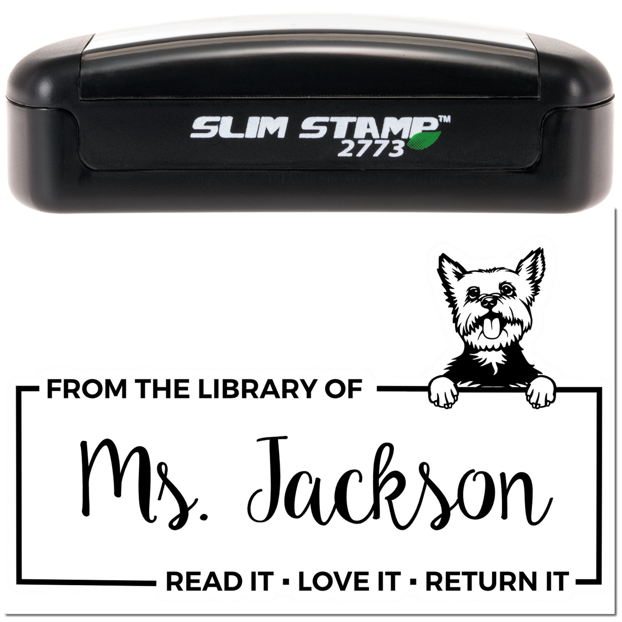 Personalized self-inking rubber library stamp with dog mascot and From the Library of Ms. Jackson return message.