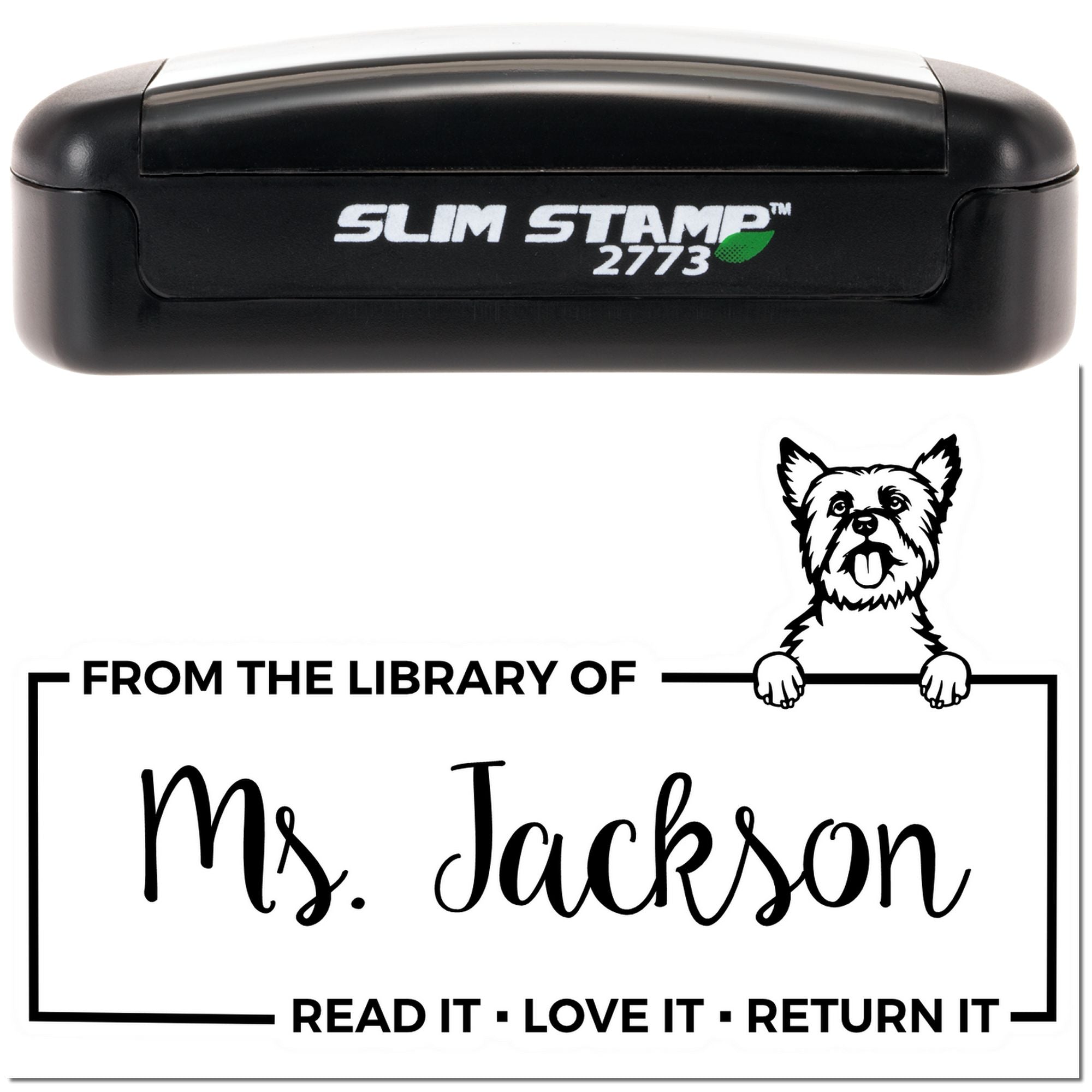 Slim self-inking library rubber stamp with dog design for Ms. Jackson, reading From the Library of book return stamp.