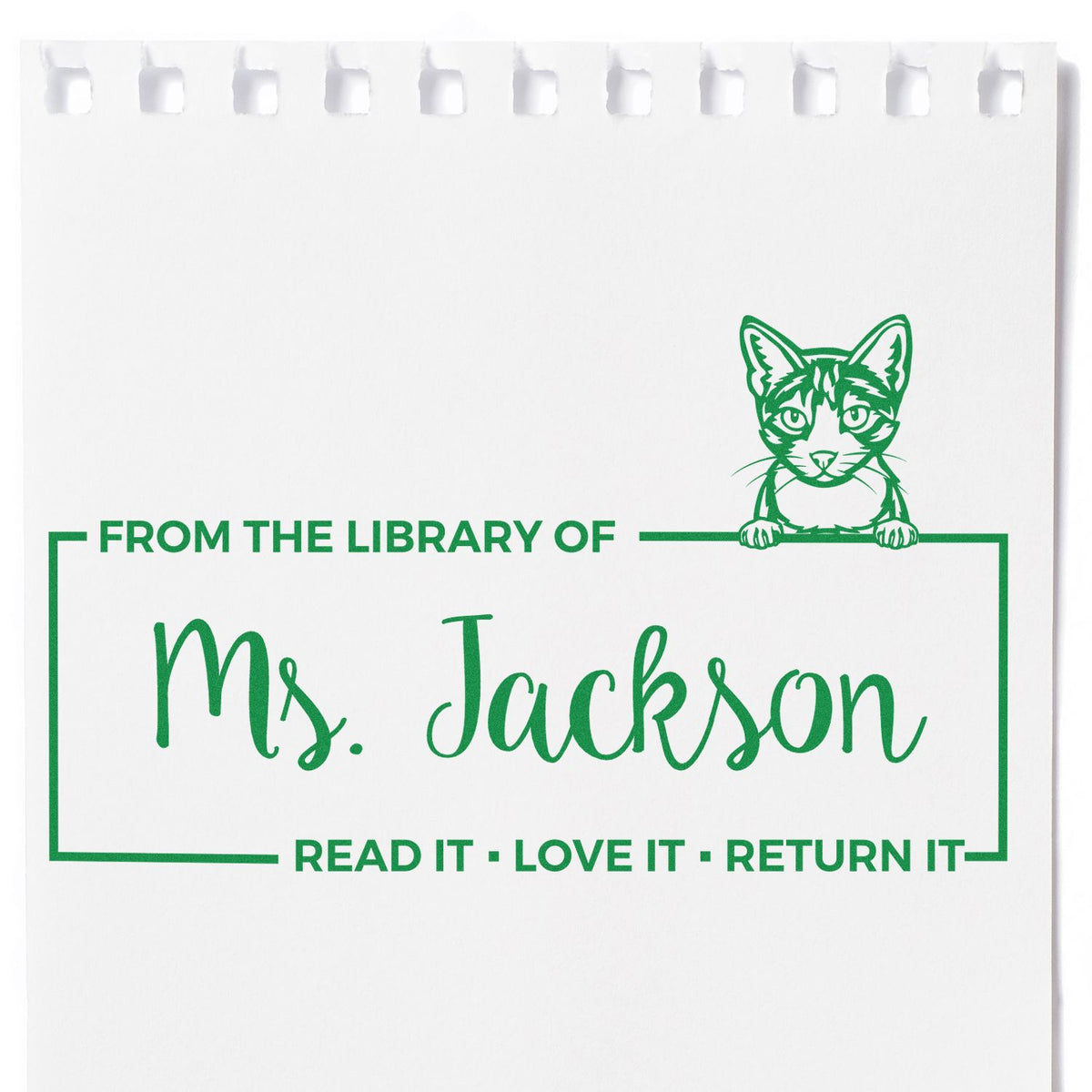 Custom library rubber stamp with cat design: From the Library of Ms. Jackson Read It, Love It, Return It book stamp.