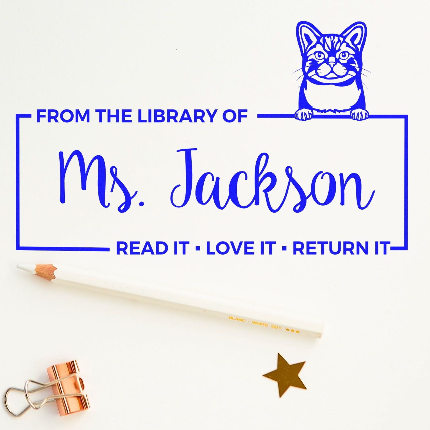 Custom library rubber stamp with cat design and name Ms. Jackson: Read it, love it, return it.