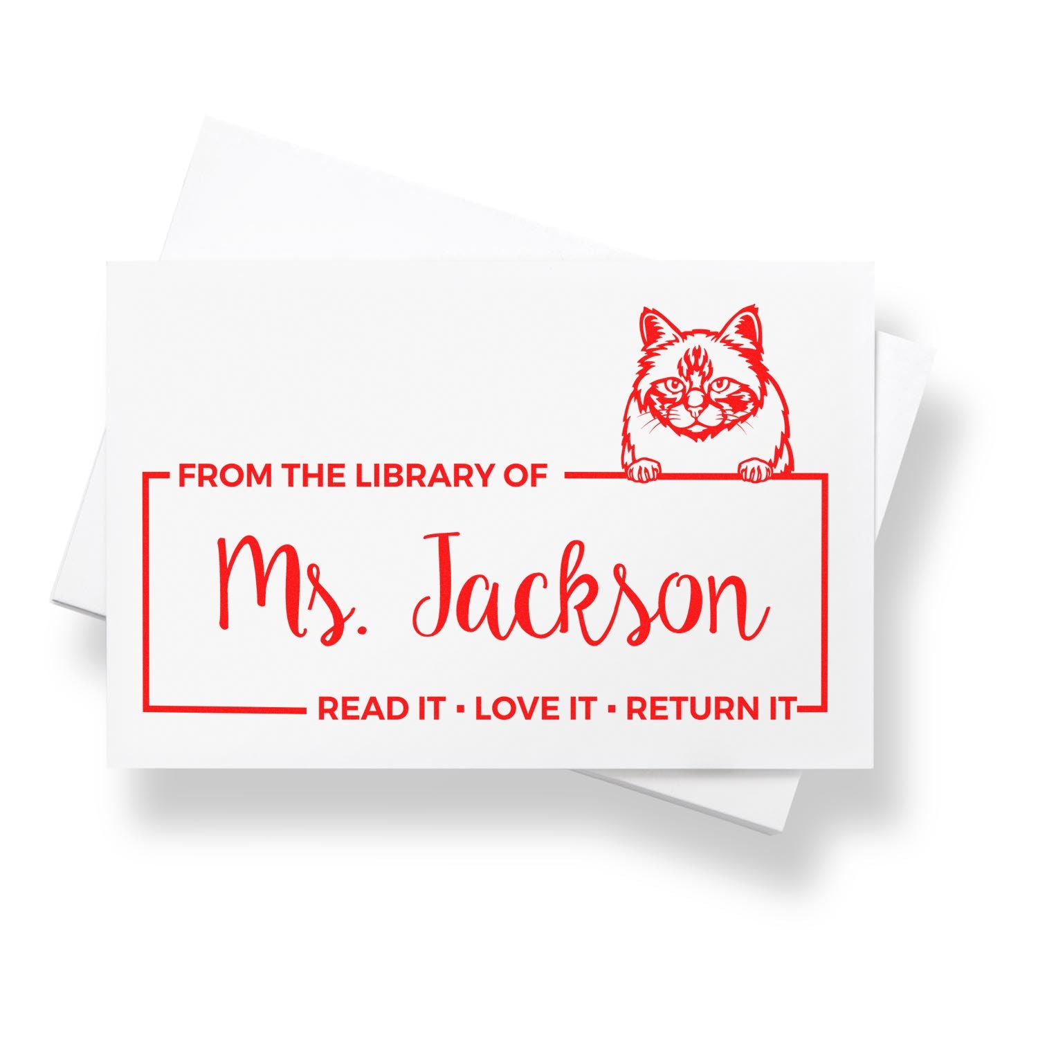 Personalized cat library rubber stamp for Ms. Jackson with Read it, Love it, Return it book return message.