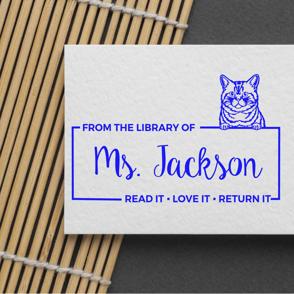 Personalized cat library rubber stamp with Ms. Jackson bookplate and Read It, Love It, Return It message