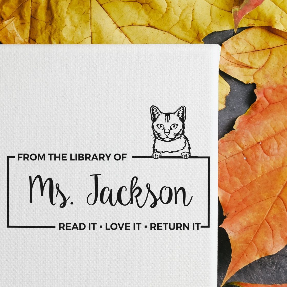 Custom rubber stamp for books: personalized cat library stamp for Mrs. Jackson with Read it, Love it, Return it text.