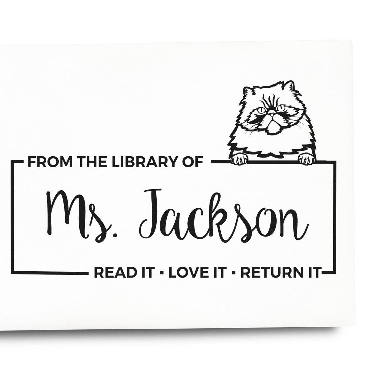 Custom rubber stamp for library books, featuring a cat design and personalized From the Library of Ms. Jackson return-it message.
