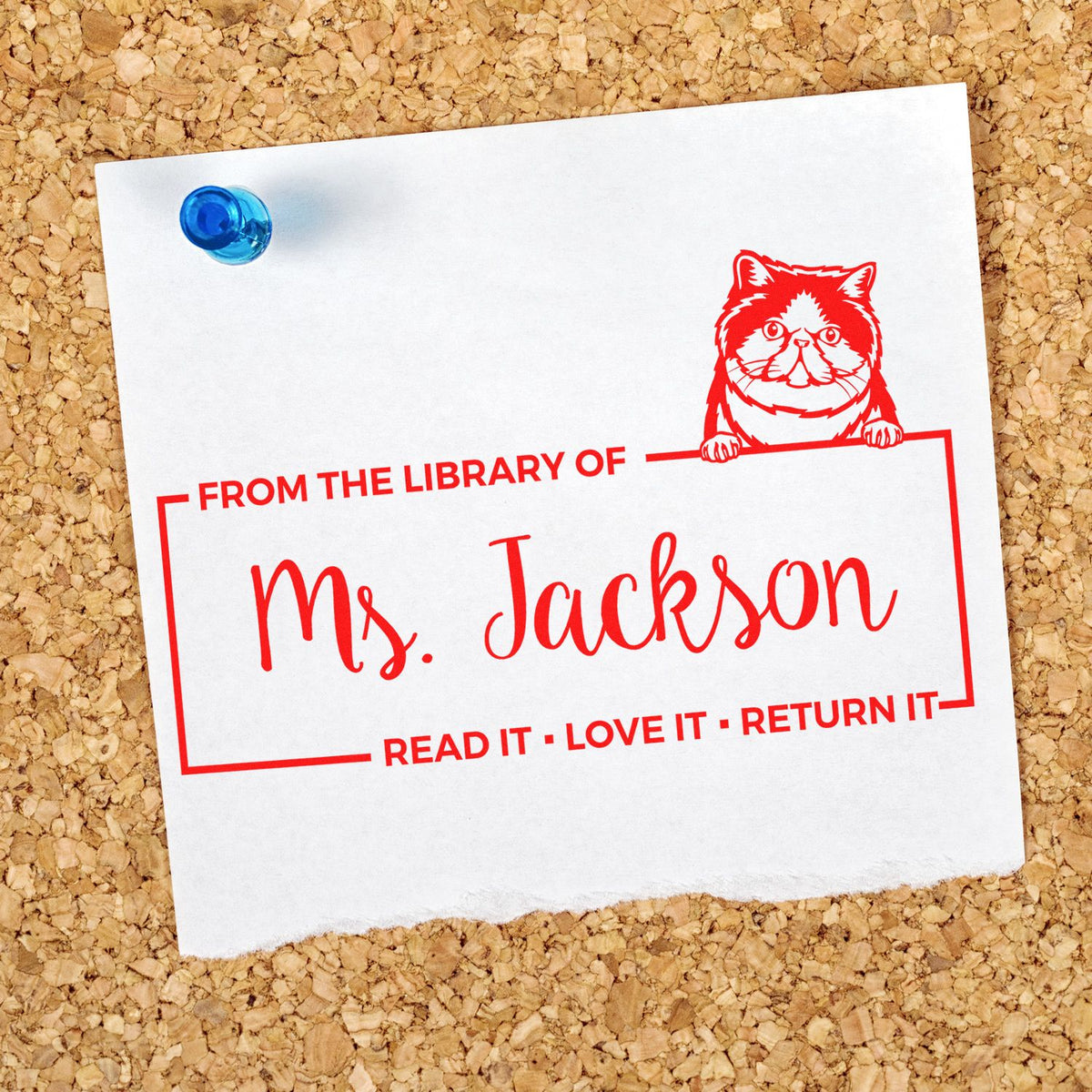 Custom rubber library stamp for Ms. Jackson, featuring a cat design and Read it, love it, return it book return message.