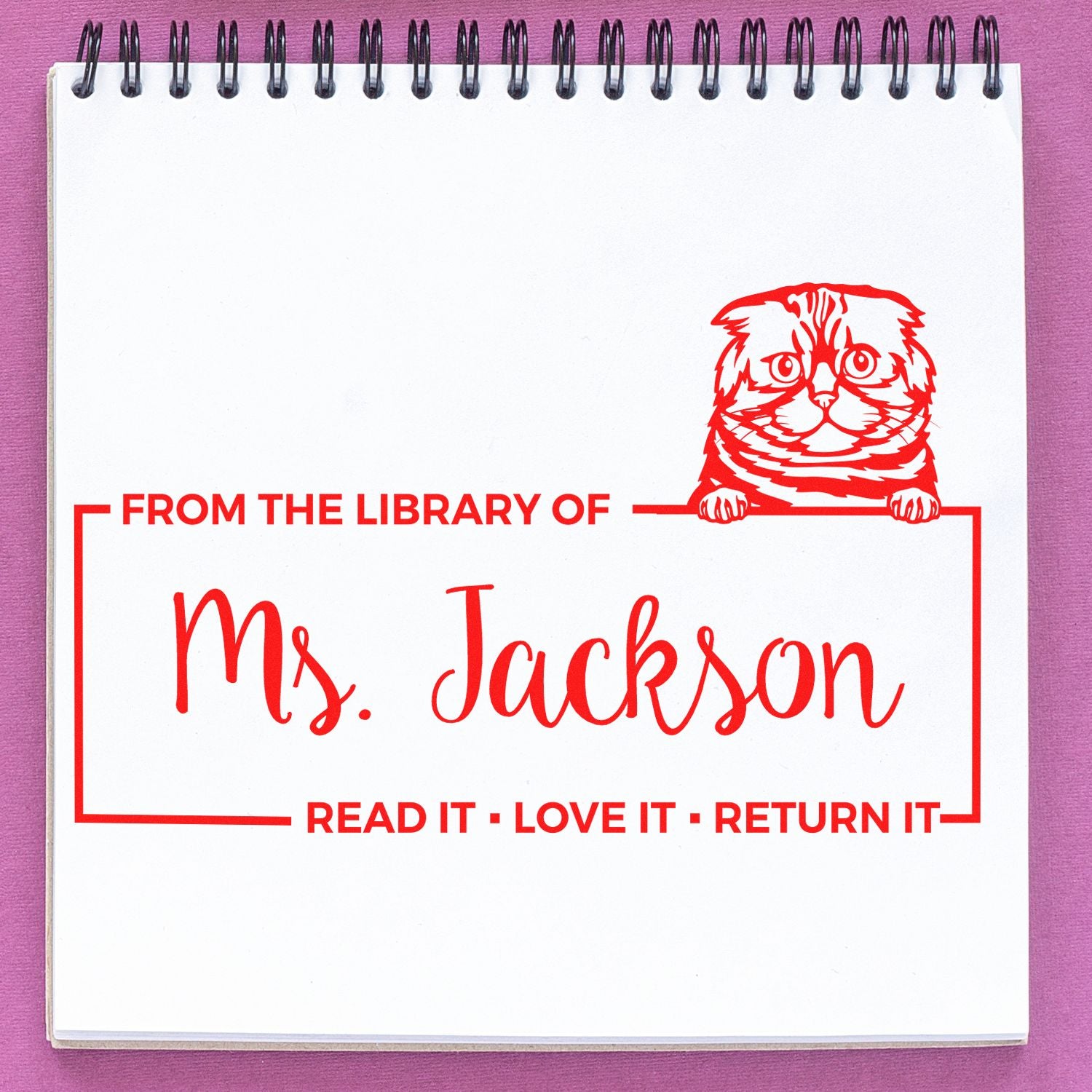 Custom cat library rubber stamp with From the Library of Ms. Jackson and Read It, Love It, Return It text