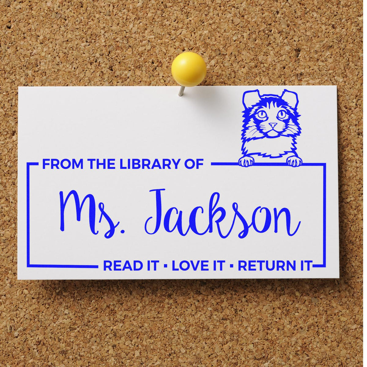 Personalized rubber stamp bookplate for Ms. Jackson with cat illustration and From the Library Of read-it, return-it message