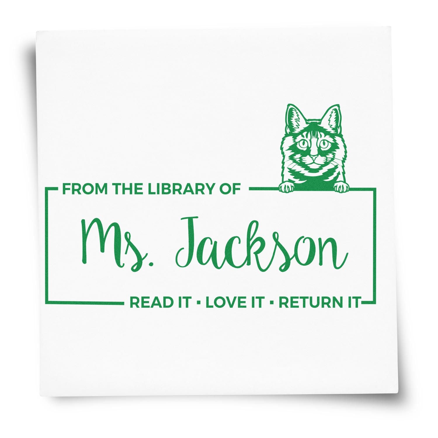 Custom rubber library stamp with cat design for Ms. Jackson, featuring From the library of and Read it, love it, return it.