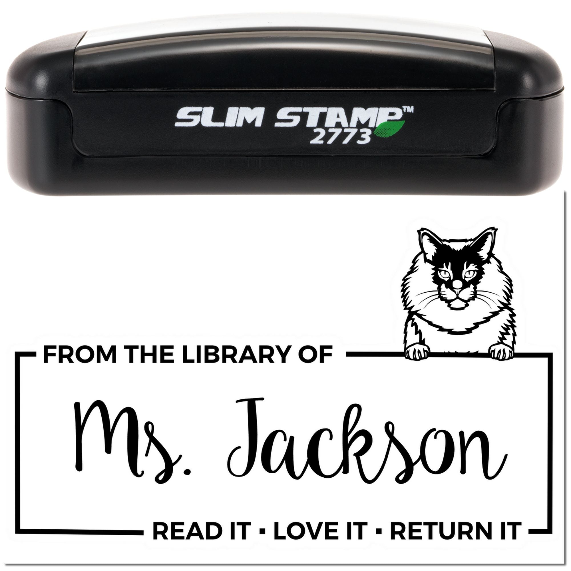 Slim Stamp 2773 self-inking personalized library return stamp reading From the Library of Ms. Jackson with cat design.