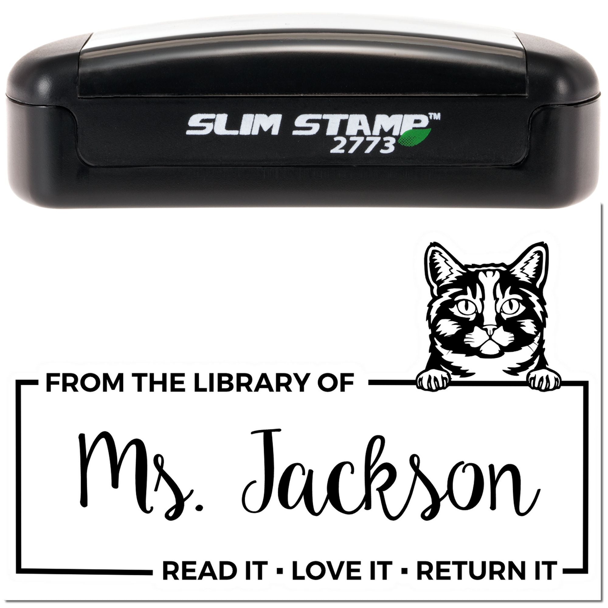 SlimStamp 2773 custom library rubber stamp with cat design and personalized From the Library of Ms. Jackson imprint.