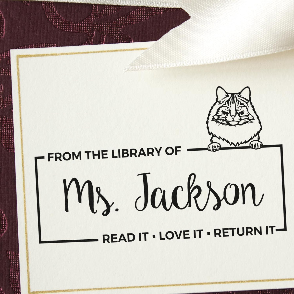 Custom library rubber stamp with cat bookplate reading From the Library of Ms. Jackson and Read It Love It Return It.