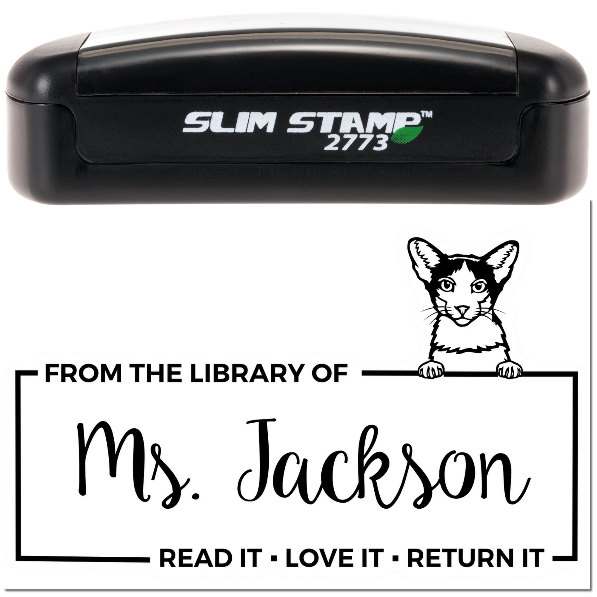 Custom rubber stamp for library books, featuring Ms. Jackson name, cat design, and Read it, love it, return it message.