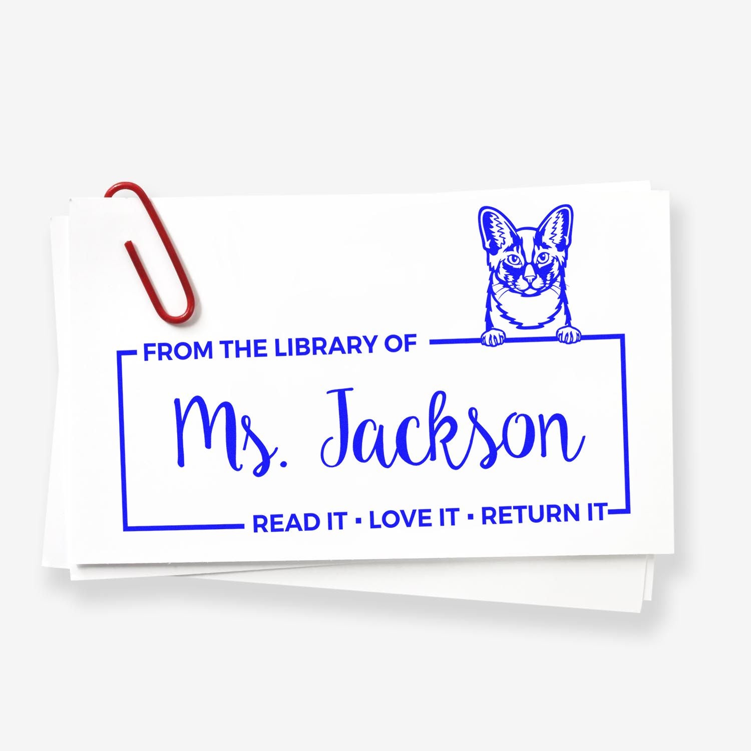 Custom From the Library of Ms. Jackson rubber stamp with cat design and Read It, Love It, Return It book ownership text