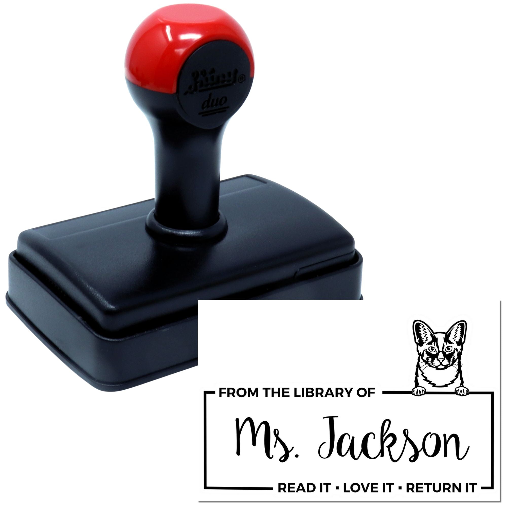 Custom self-inking rubber library stamp with cat design for personalized book return labels: From the Library of Ms. Jackson.