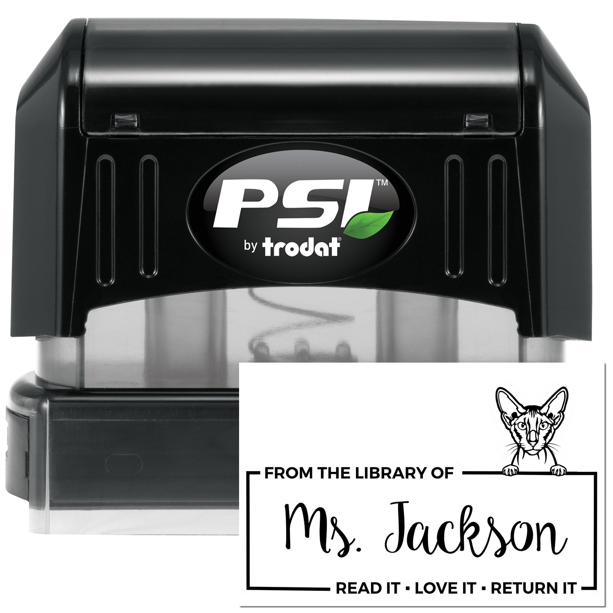 Custom self-inking library rubber stamp by PSI by Trodat with From the Library of Ms. Jackson book return message.
