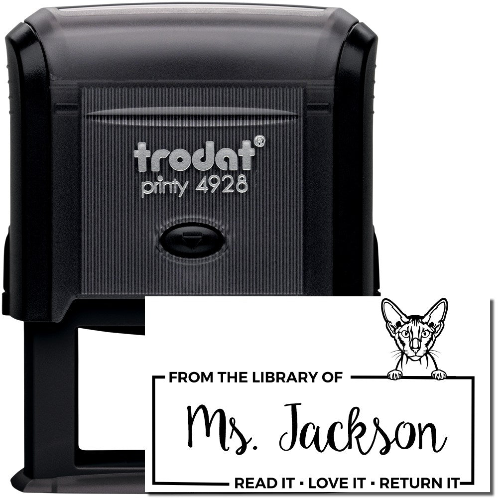 Trodat Printy 4928 self-inking rubber stamp with personalized library book return stamp for Ms. Jackson and cat design