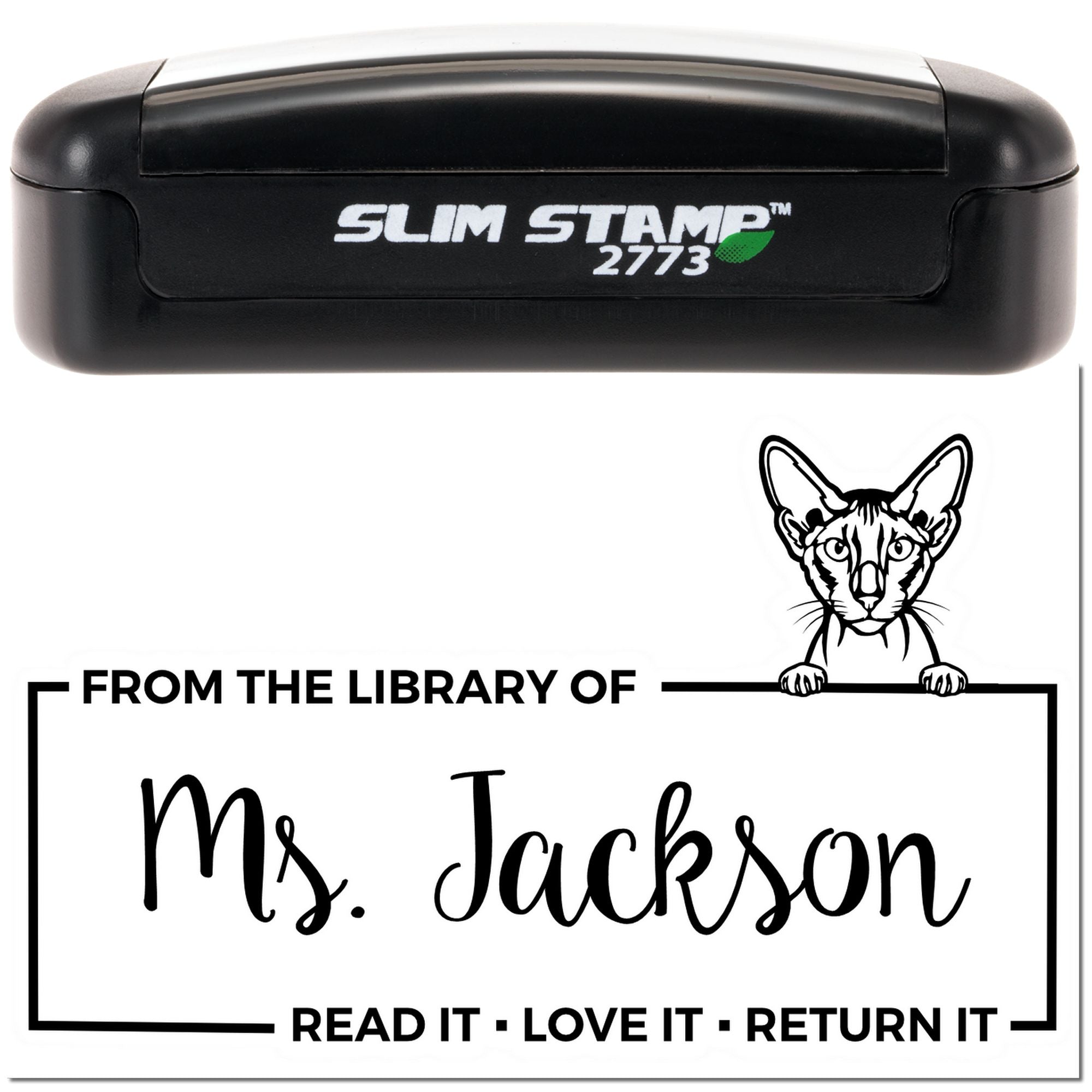 Personalized library rubber stamp with cat design and From the Library of Ms. Jackson book return message, Slim Stamp 2773