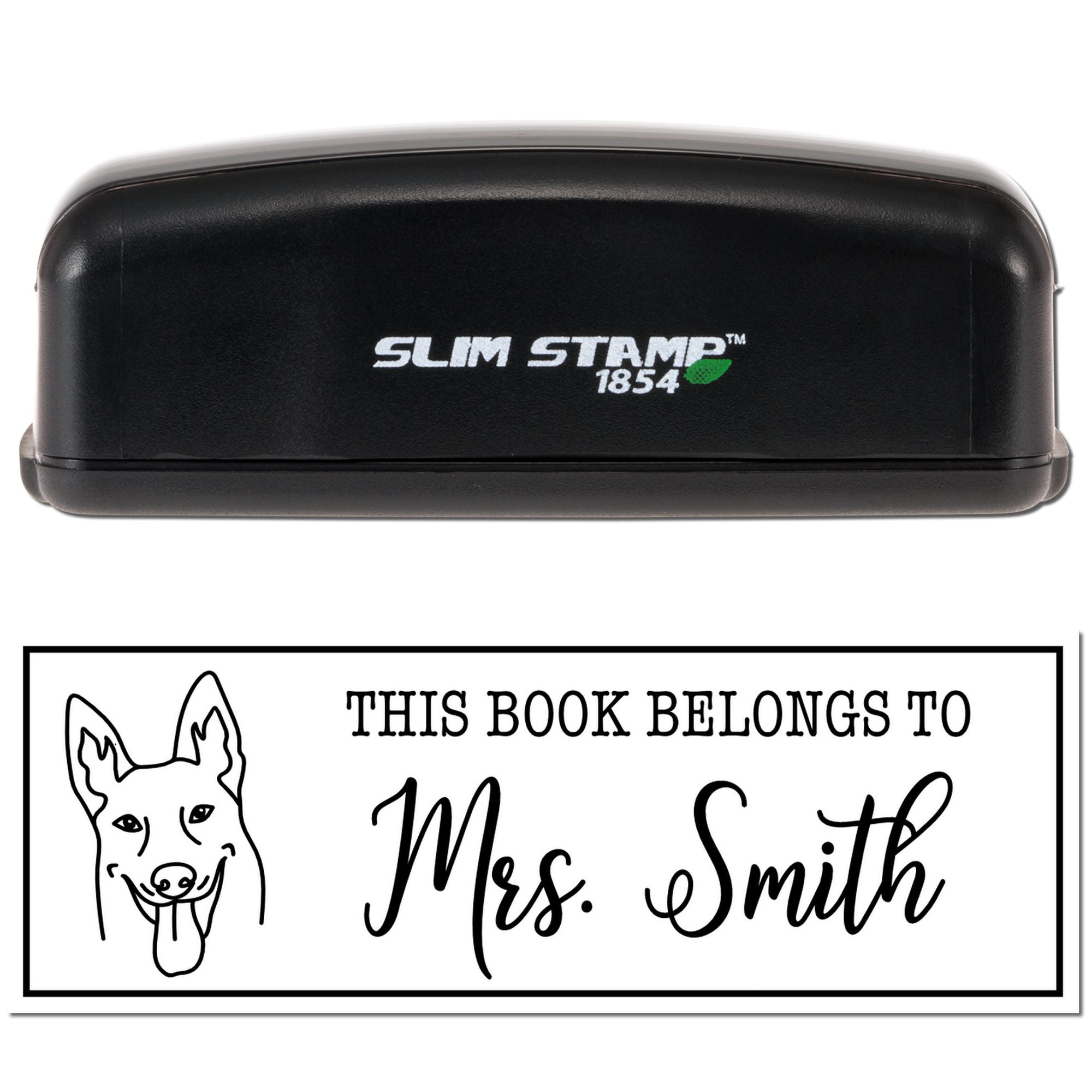 Slim Stamp 1854 self-inking rubber book stamp with dog design and This Book Belongs to Mrs. Smith personalized impression.