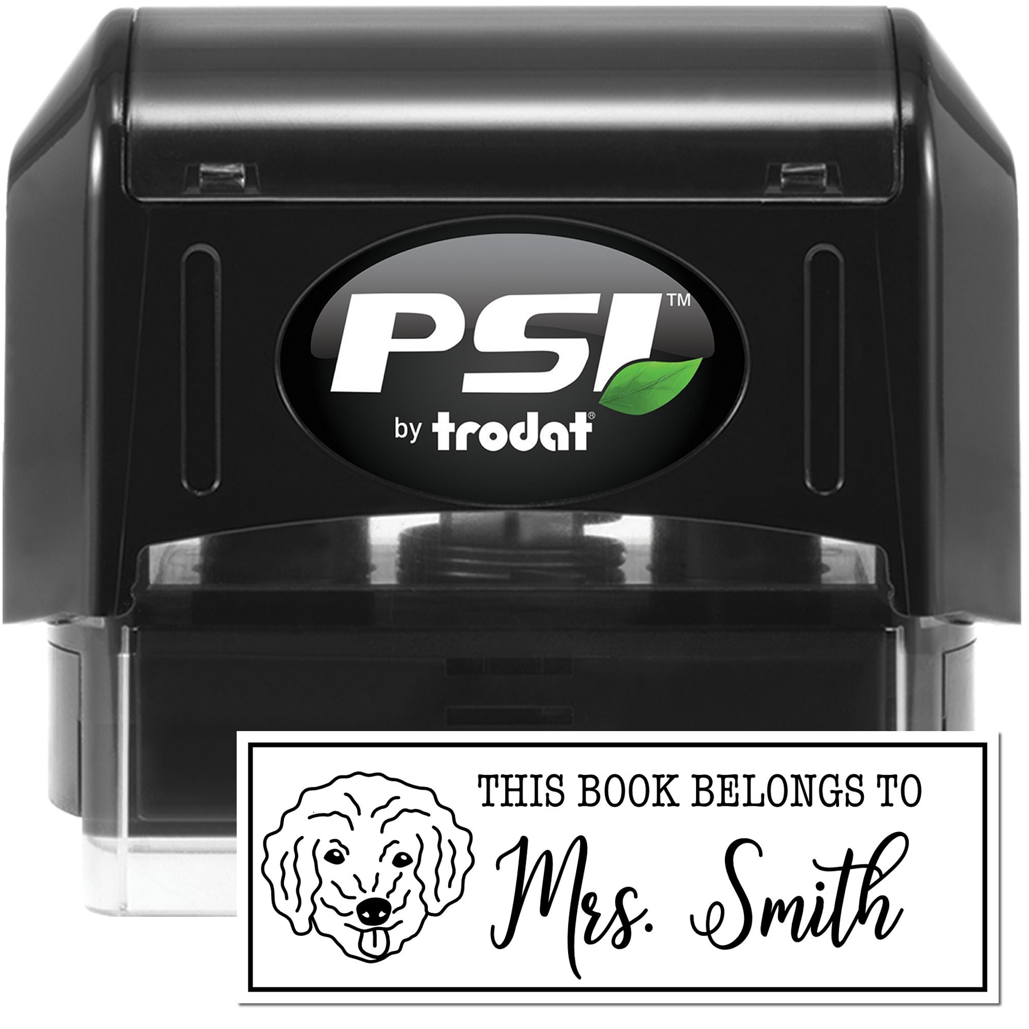 PSI by Trodat self-inking rubber stamp for custom This Book Belongs To bookplate and name labeling.