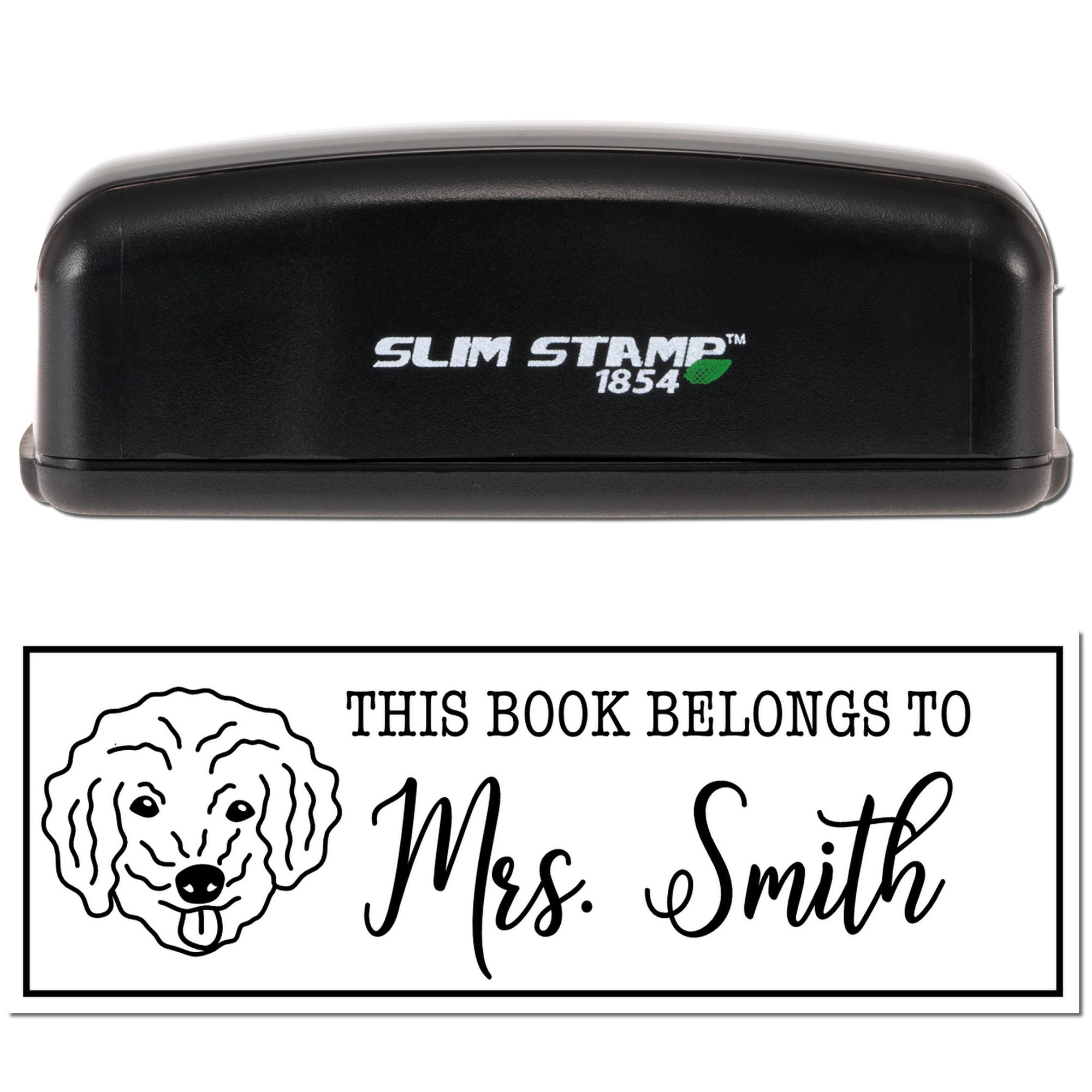 Custom self-inking rubber stamp and impression reading This Book Belongs to Mrs. Smith with dog design for personal library books.