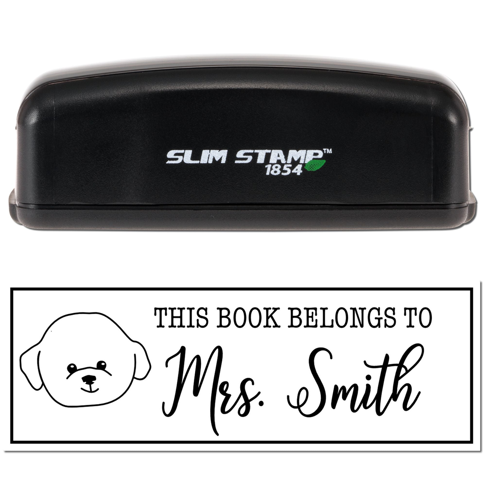 Custom self-inking book stamp with dog design, This Book Belongs to Mrs. Smith personalized rubber stamp.