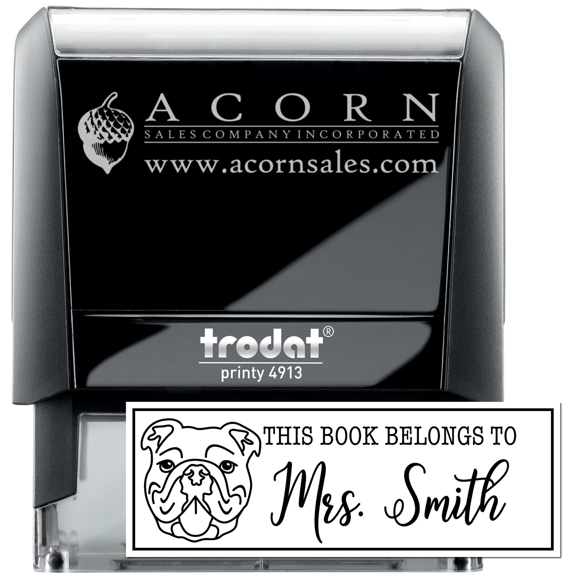 Custom self-inking rubber stamp for book labels, featuring Trodat Printy 4913 and This Book Belongs to Mrs. Smith design.