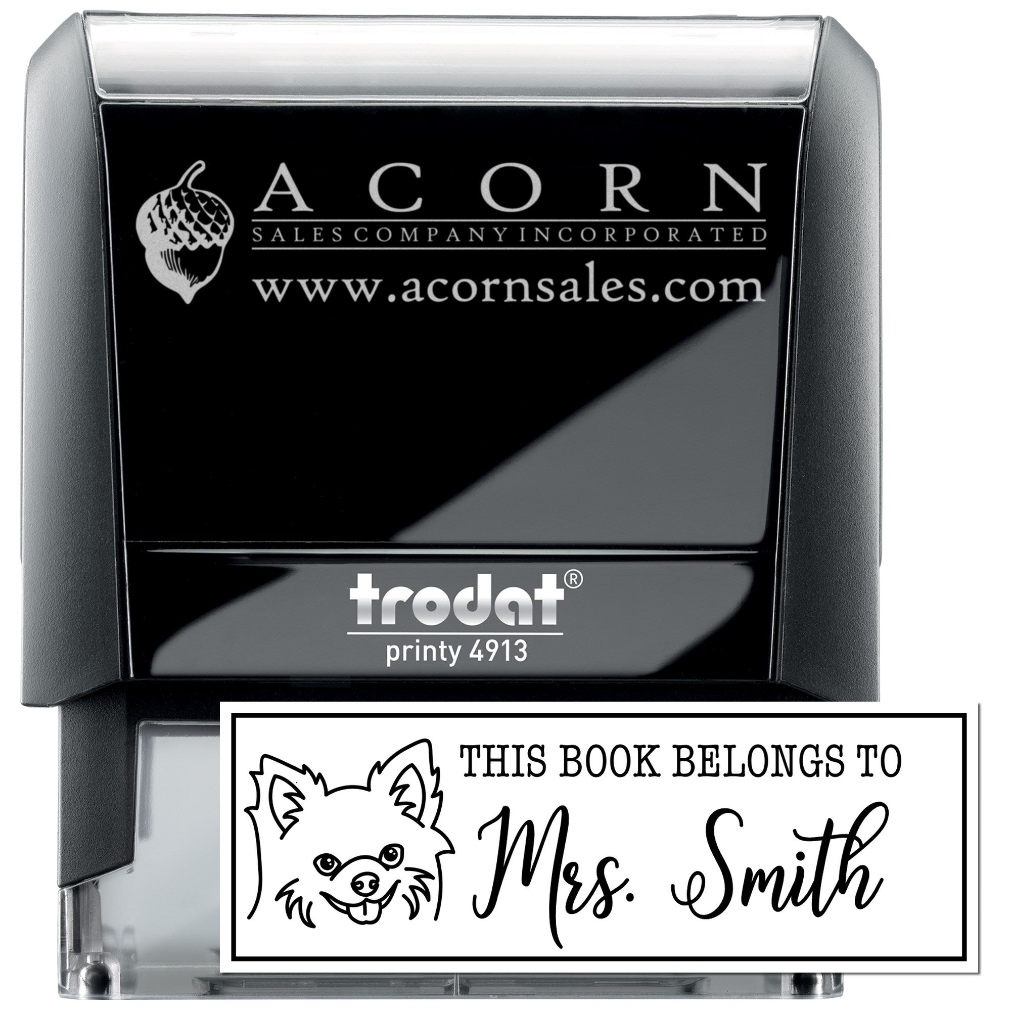 Custom self-inking rubber stamp with logo and personalized book owner imprint, ideal for business branding and library marking.