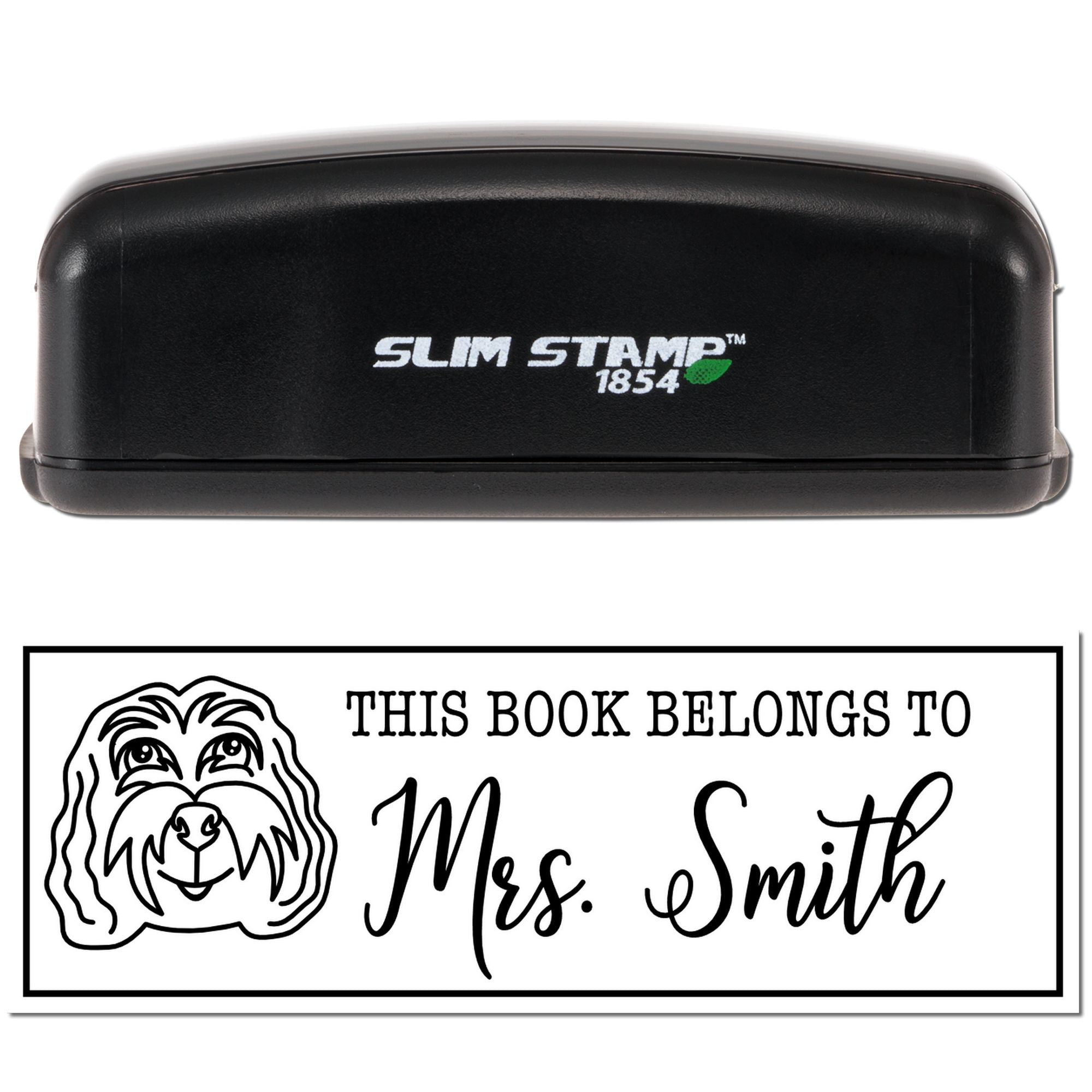 Slim Stamp 1854 rubber stamp with personalized This Book Belongs To Mrs. Smith dog bookplate design.
