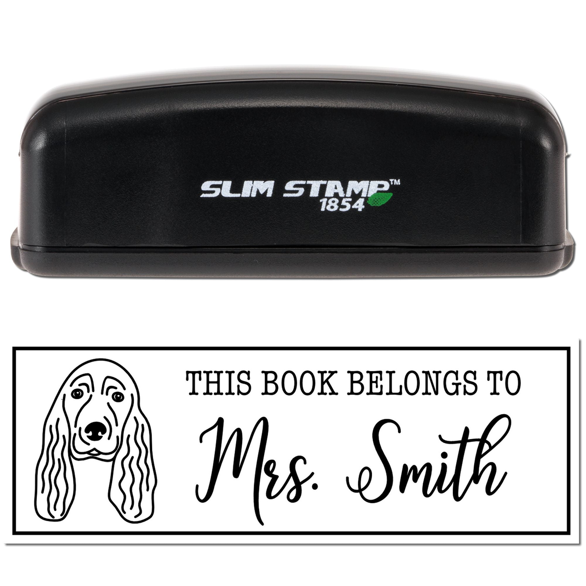 Slim Stamp 1854 rubber stamp prints a personalized bookplate with dog illustration and This Book Belongs To Mrs. Smith text.