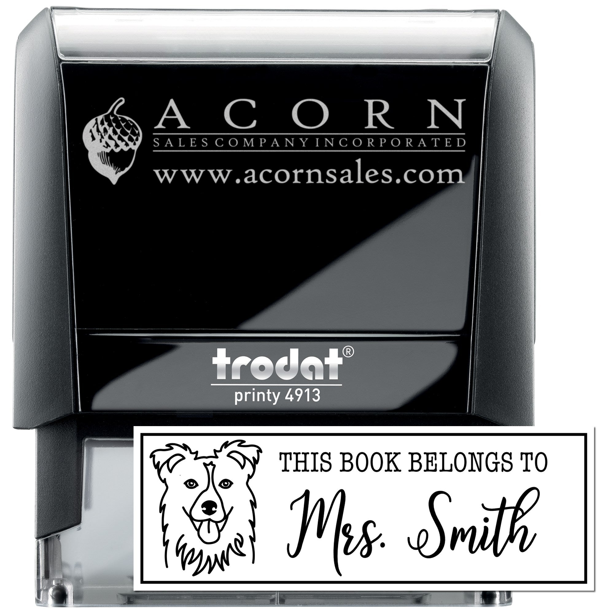 Custom self-inking rubber stamp with Acorn Sales logo and personalized This book belongs to Mrs. Smith bookplate design.