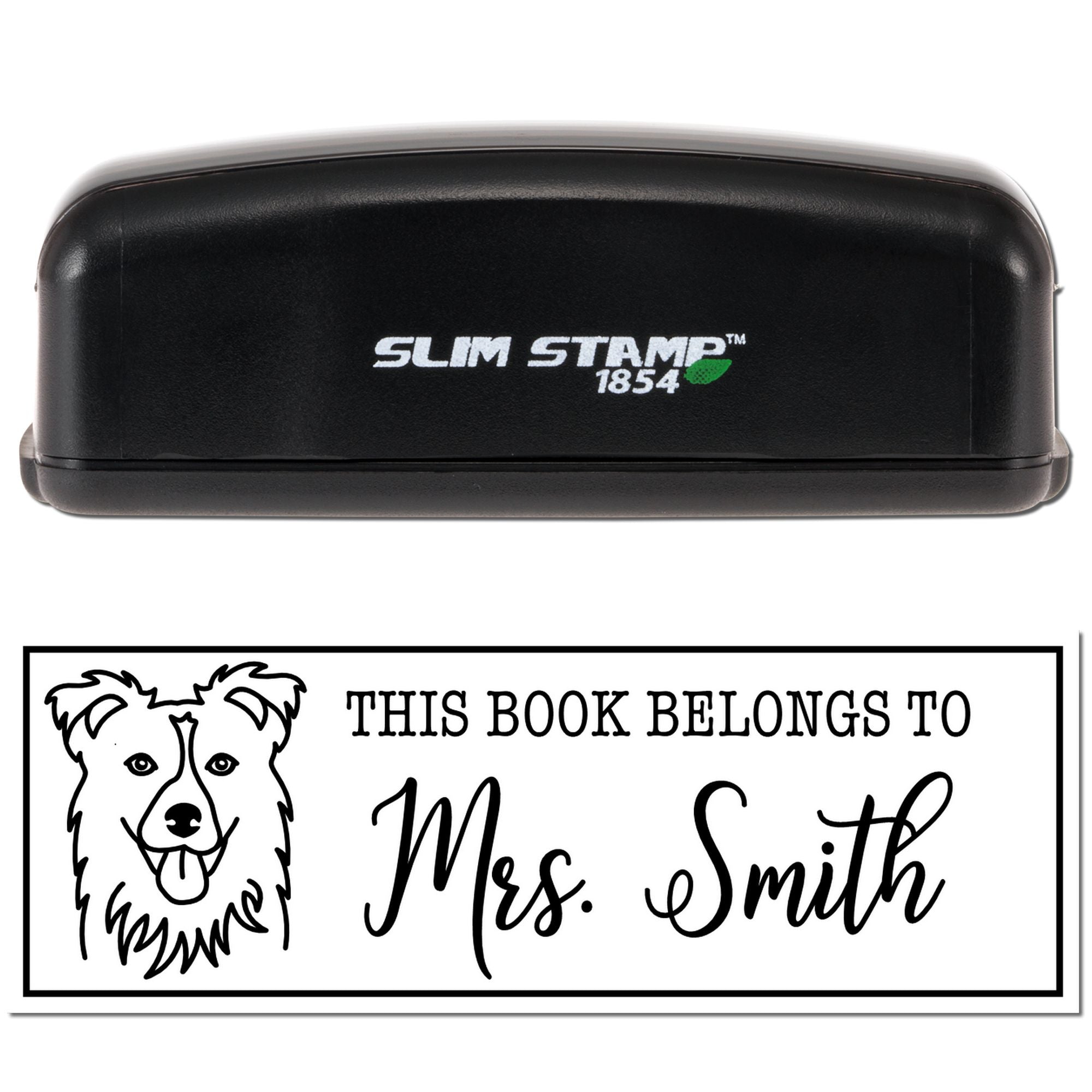 Custom rubber book stamp with dog illustration and This Book Belongs to Mrs. Smith personalization.