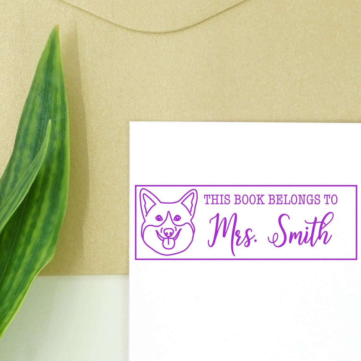 Custom book stamp reading This Book Belongs to Mrs. Smith with dog illustration for personalized library books.