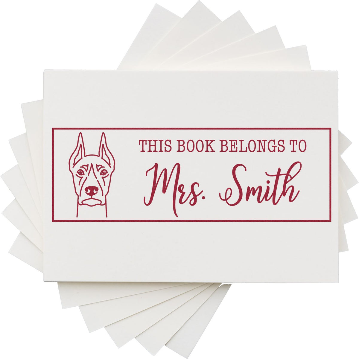 Personalized book stamp with dog portrait and This Book Belongs to Mrs. Smith custom ex libris design.