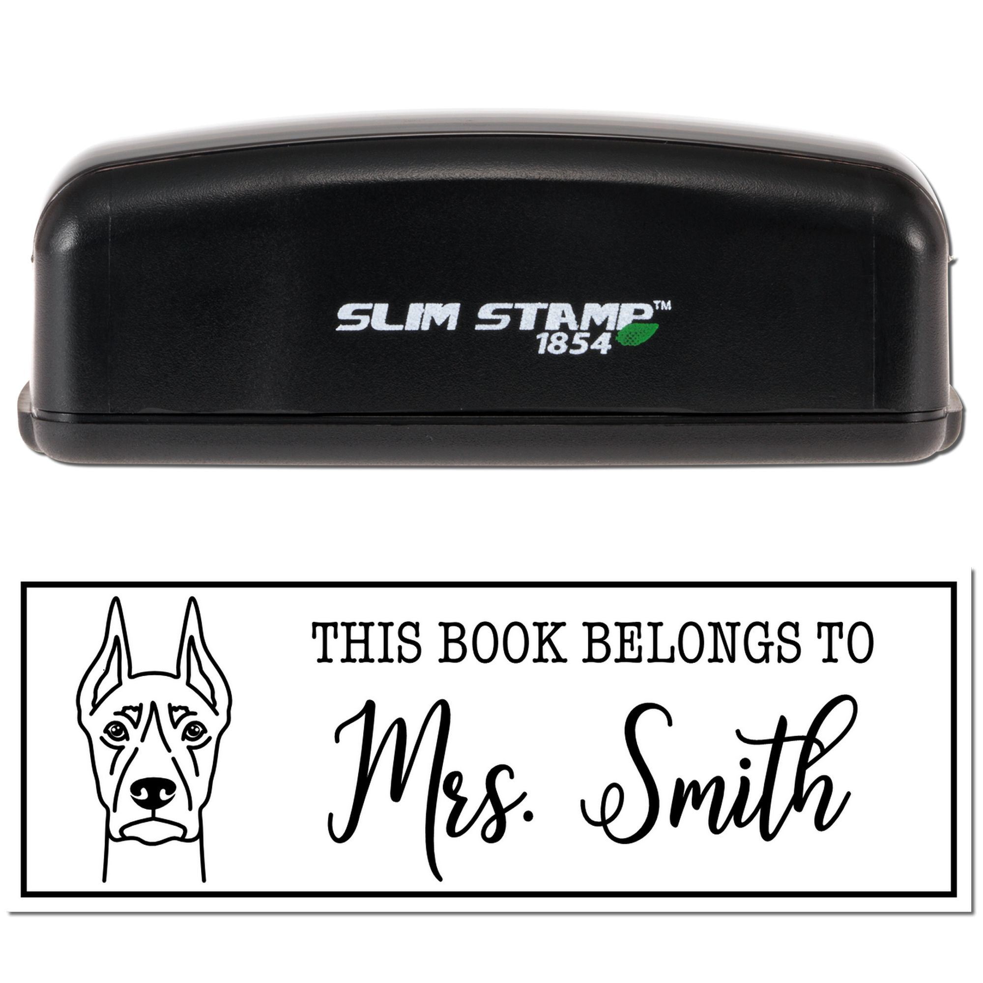 Slim Stamp 1854 custom book rubber stamp with dog design and This book belongs to Mrs. Smith personalized imprint.