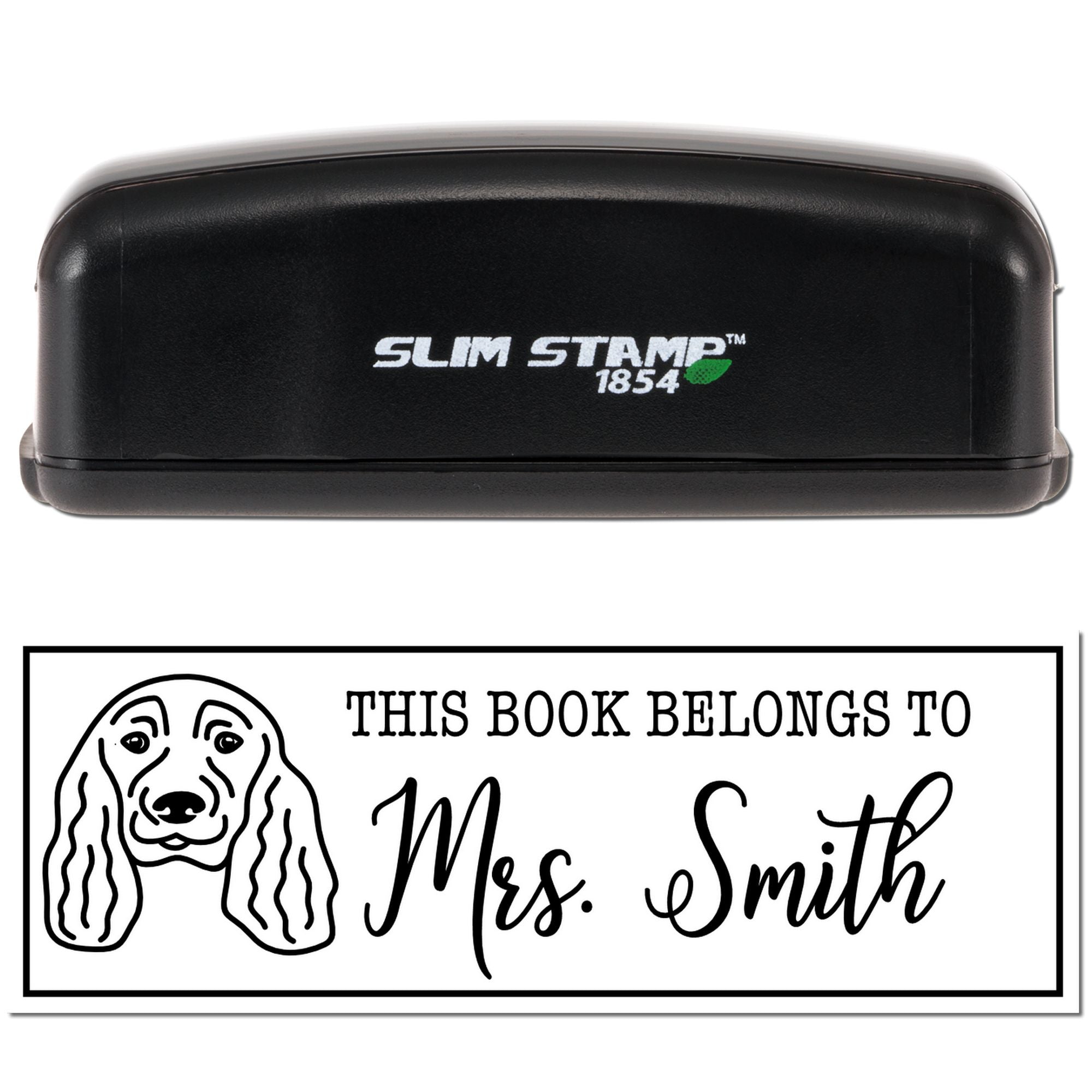 Slim Stamp 1854 self-inking rubber book stamp with dog design and personalized This Book Belongs to Mrs. Smith imprint.