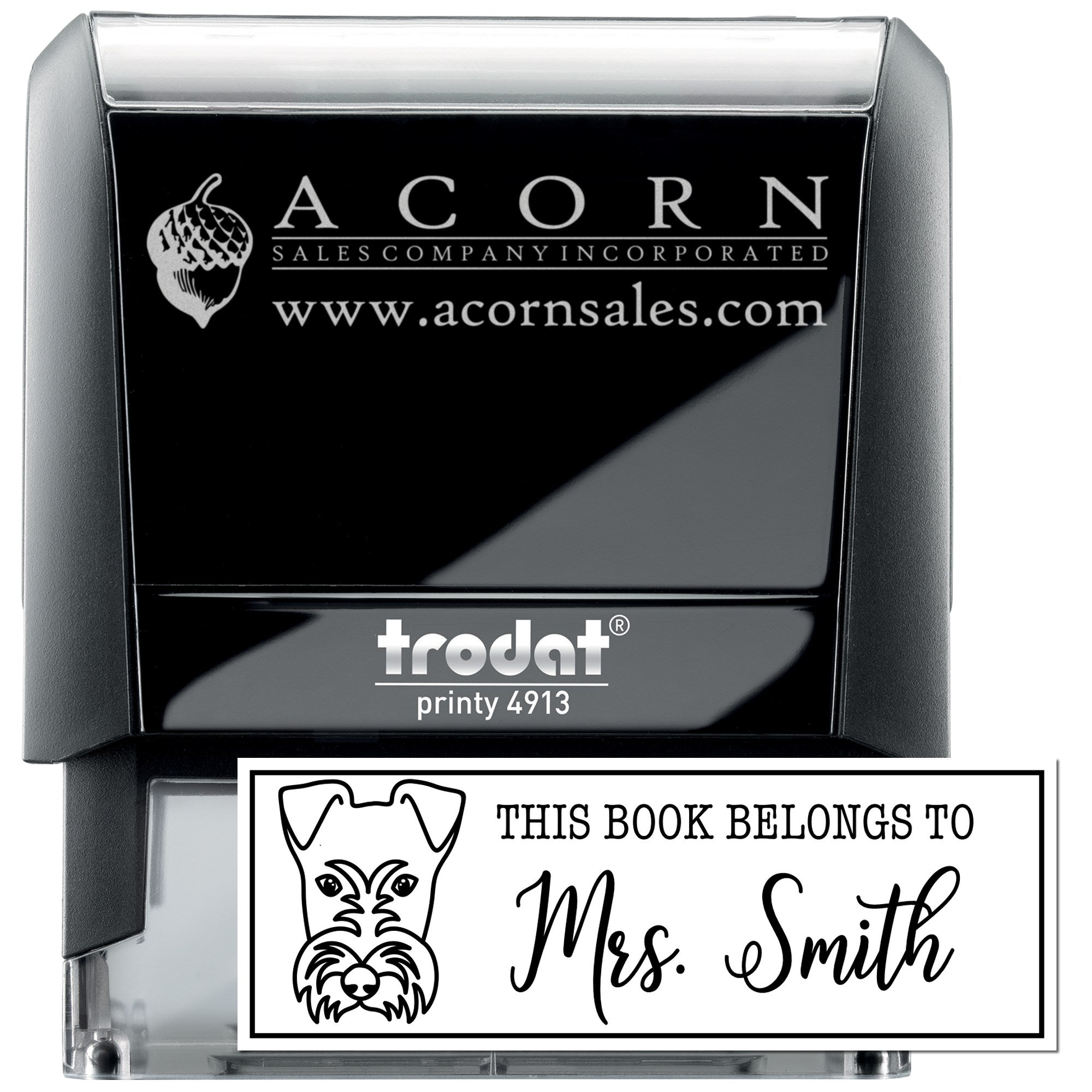 Trodat self-inking rubber stamp with custom logo and personalized book belongs to Mrs. Smith design for branding and book labeling.