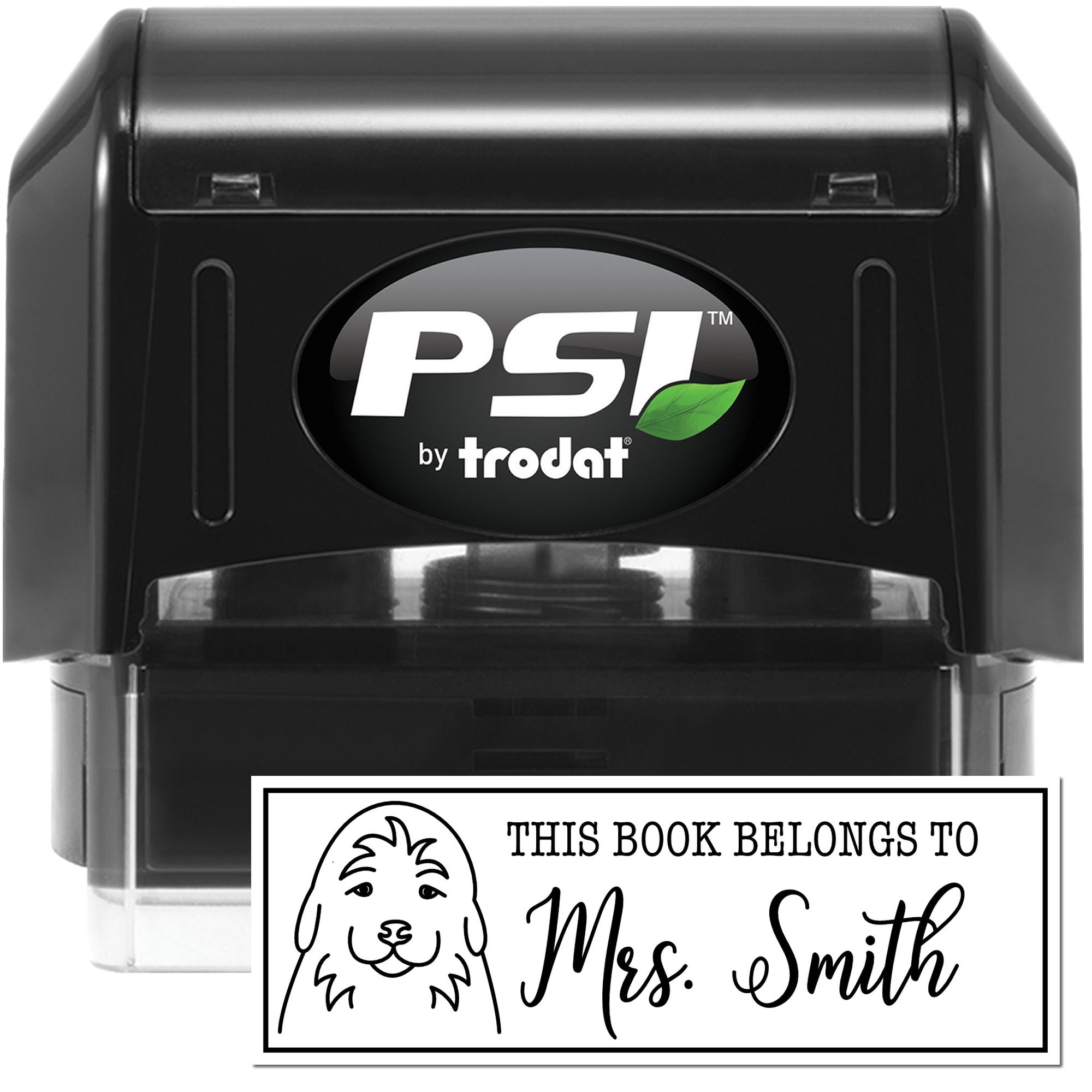PSI by Trodat self-inking rubber stamp for books, featuring custom dog bookplate design: This Book Belongs to Mrs. Smith