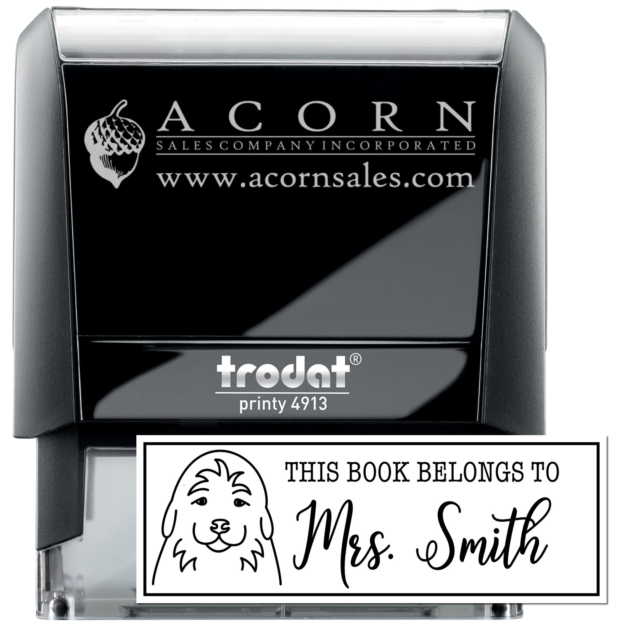 Trodat Printy 4913 self-inking rubber stamp showing custom company logo and personalized book stamp for Mrs. Smith.