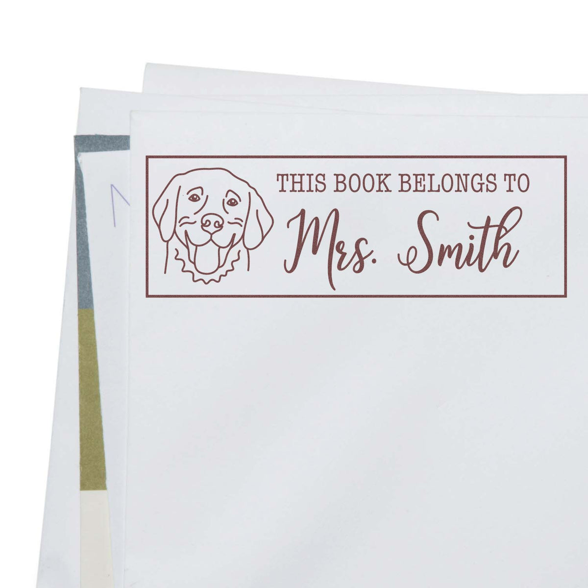 Personalized rubber stamp bookplate with dog design for Mrs. Smiths books, featuring This Book Belongs To text.