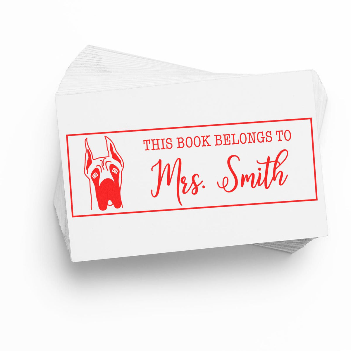 Custom book stamp with dog design for Mrs. Smith, marking school and library books.