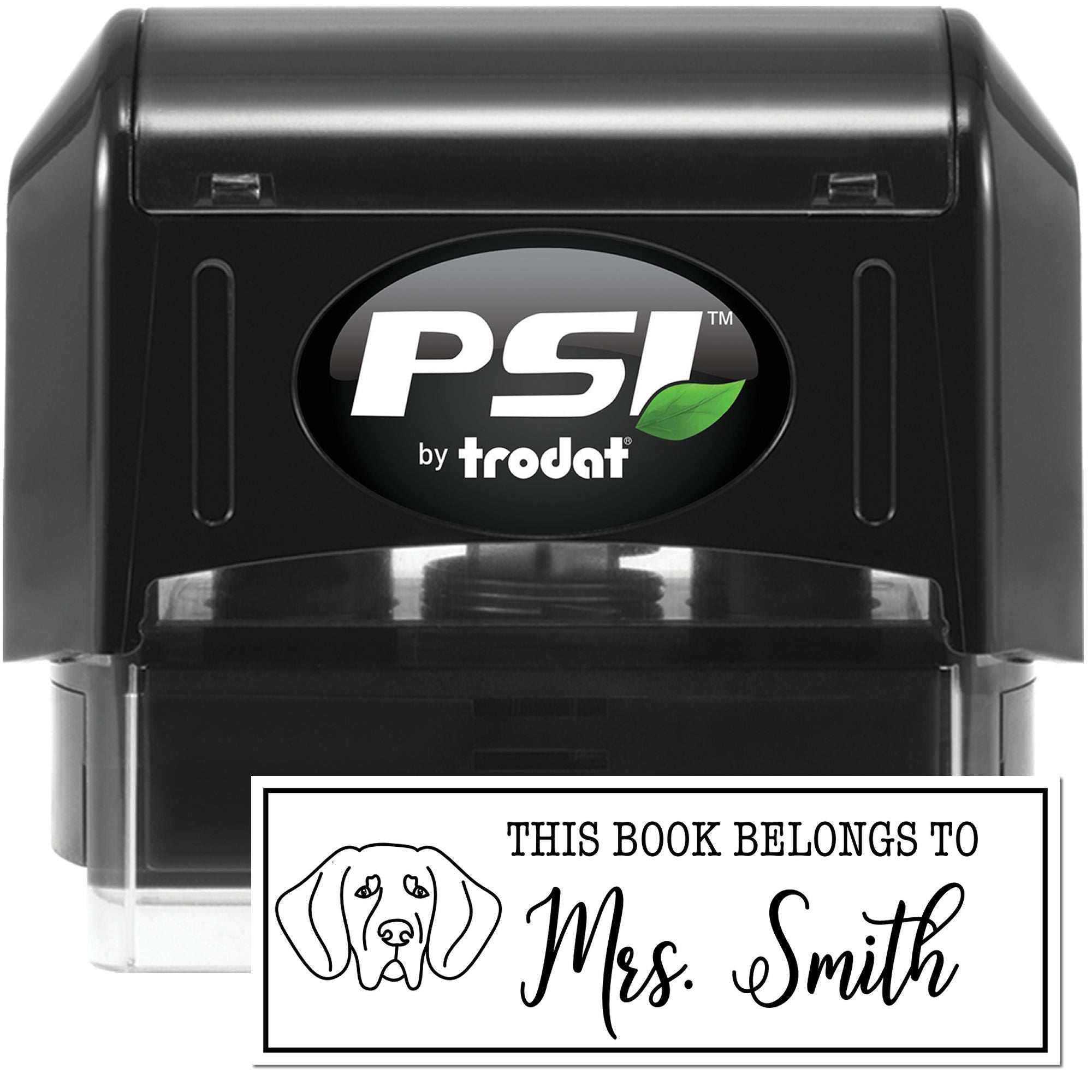 PSI by Trodat self-inking rubber stamp for personalized book labels, featuring This Book Belongs to Mrs. Smith with dog icon.