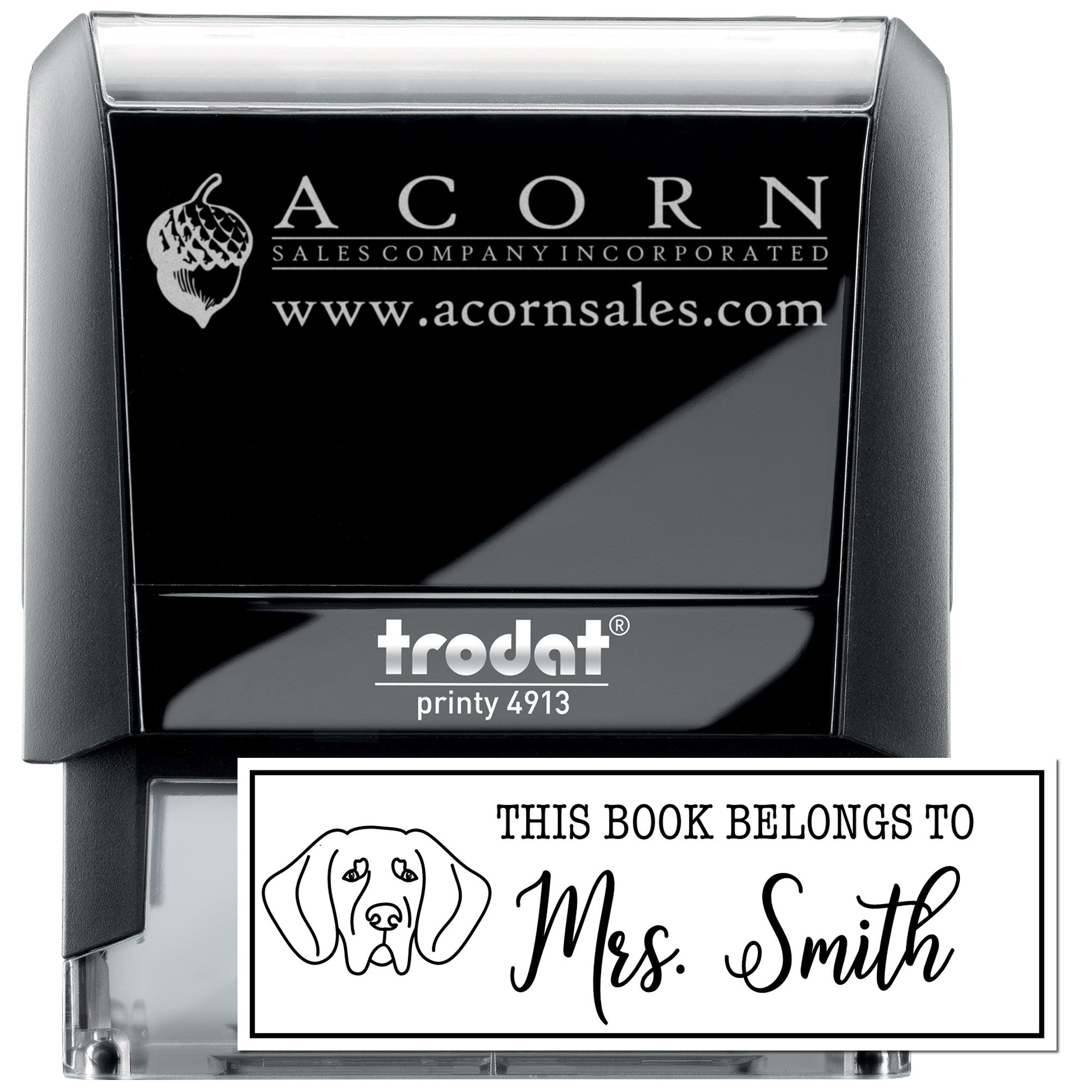 Trodat Printy 4913 self-inking rubber stamp with custom logo and personalized This Book Belongs to Mrs. Smith design