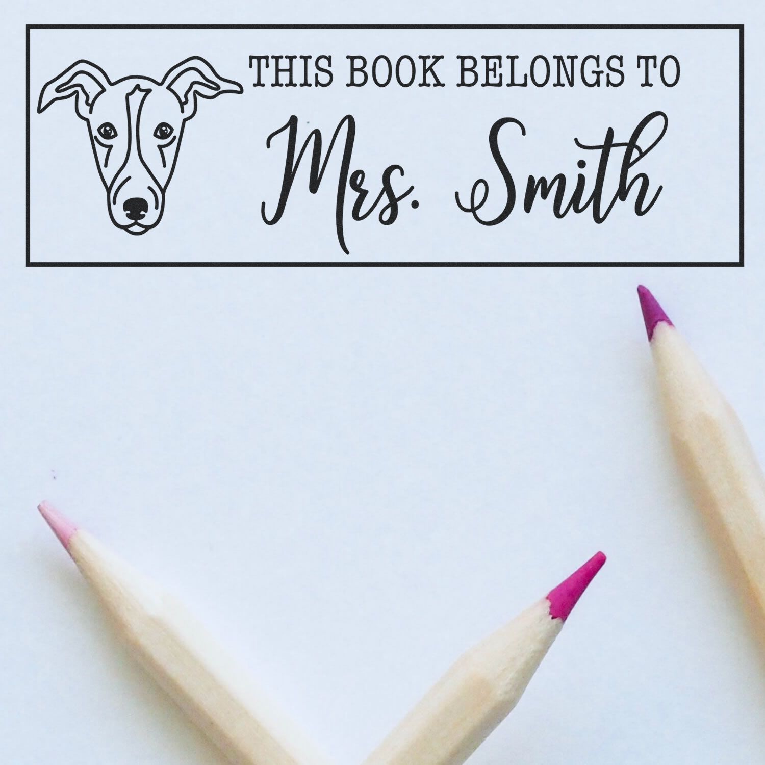 Custom dog book rubber stamp reading This Book Belongs to Mrs. Smith for personalized classroom library books.