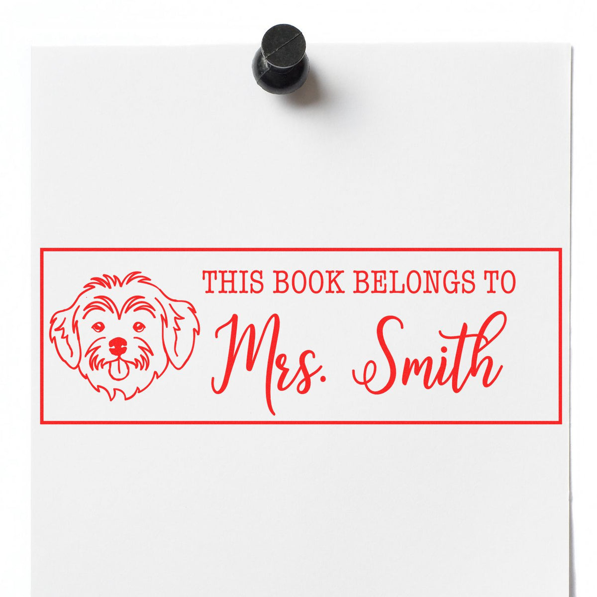 Custom bookplate rubber stamp with dog design, personalized This Book Belongs to Mrs. Smith name stamp.
