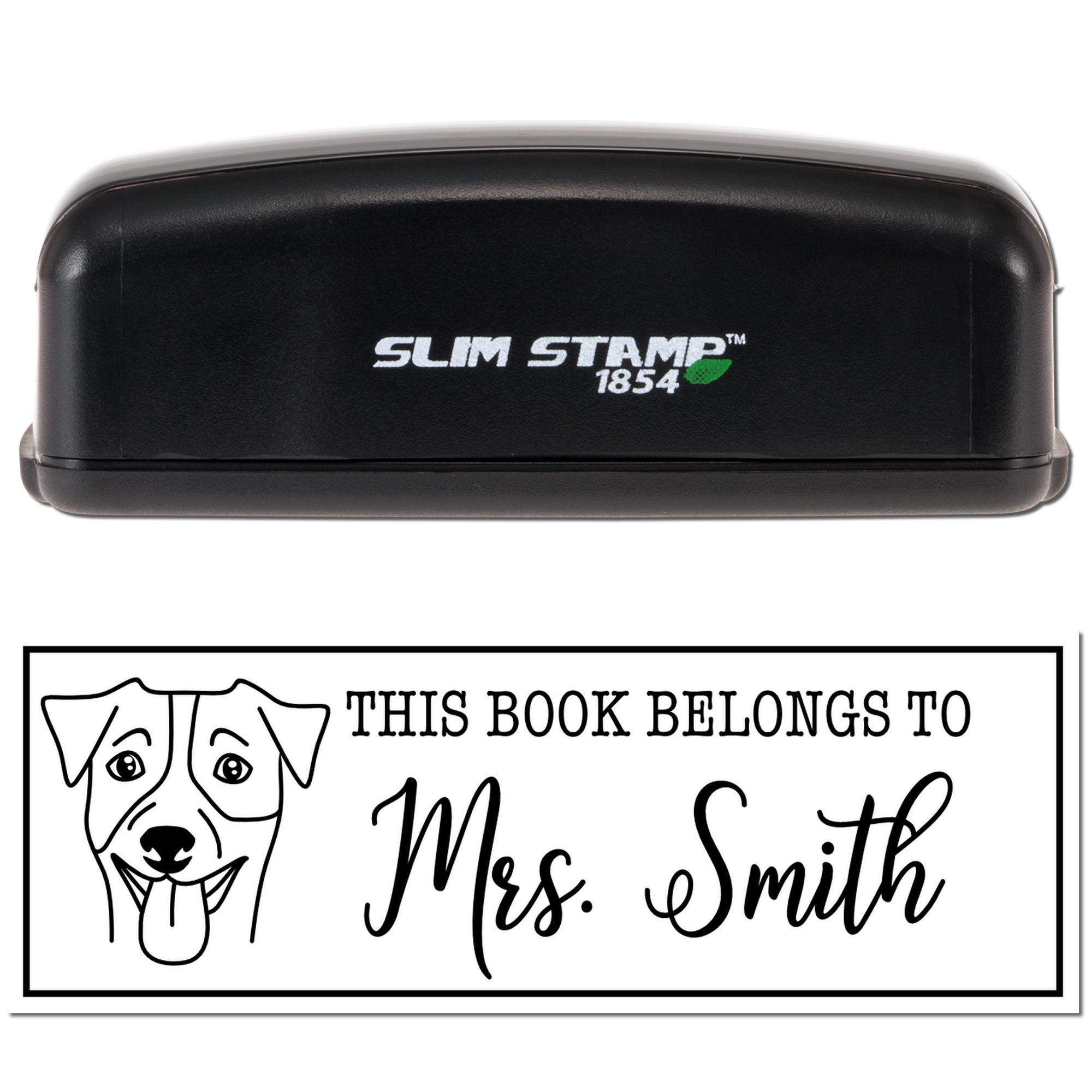 Slim Stamp 1854 rubber stamp and custom book stamp reading This Book Belongs to Mrs. Smith for personal library marking.