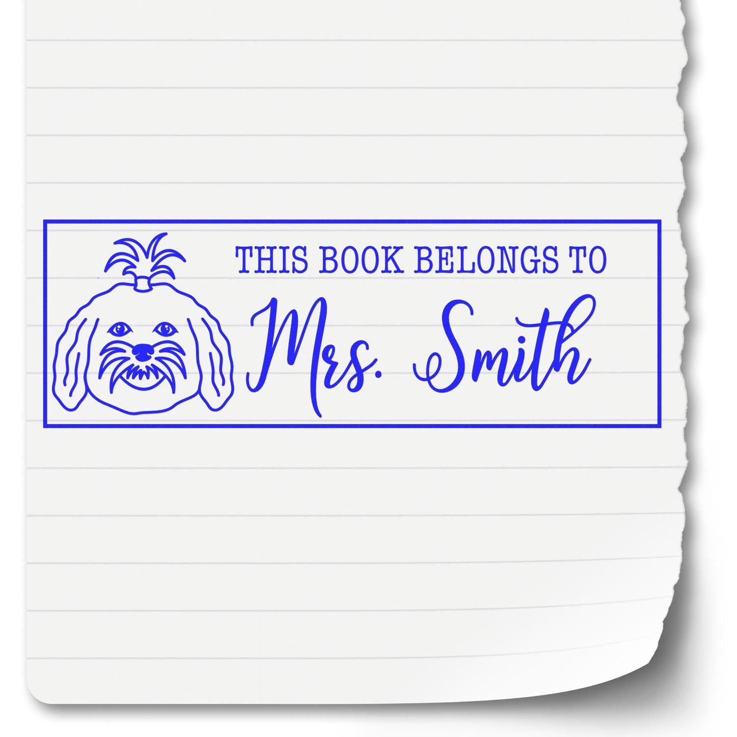 Custom book rubber stamp with dog design and This book belongs to Mrs. Smith personalized library stamp.