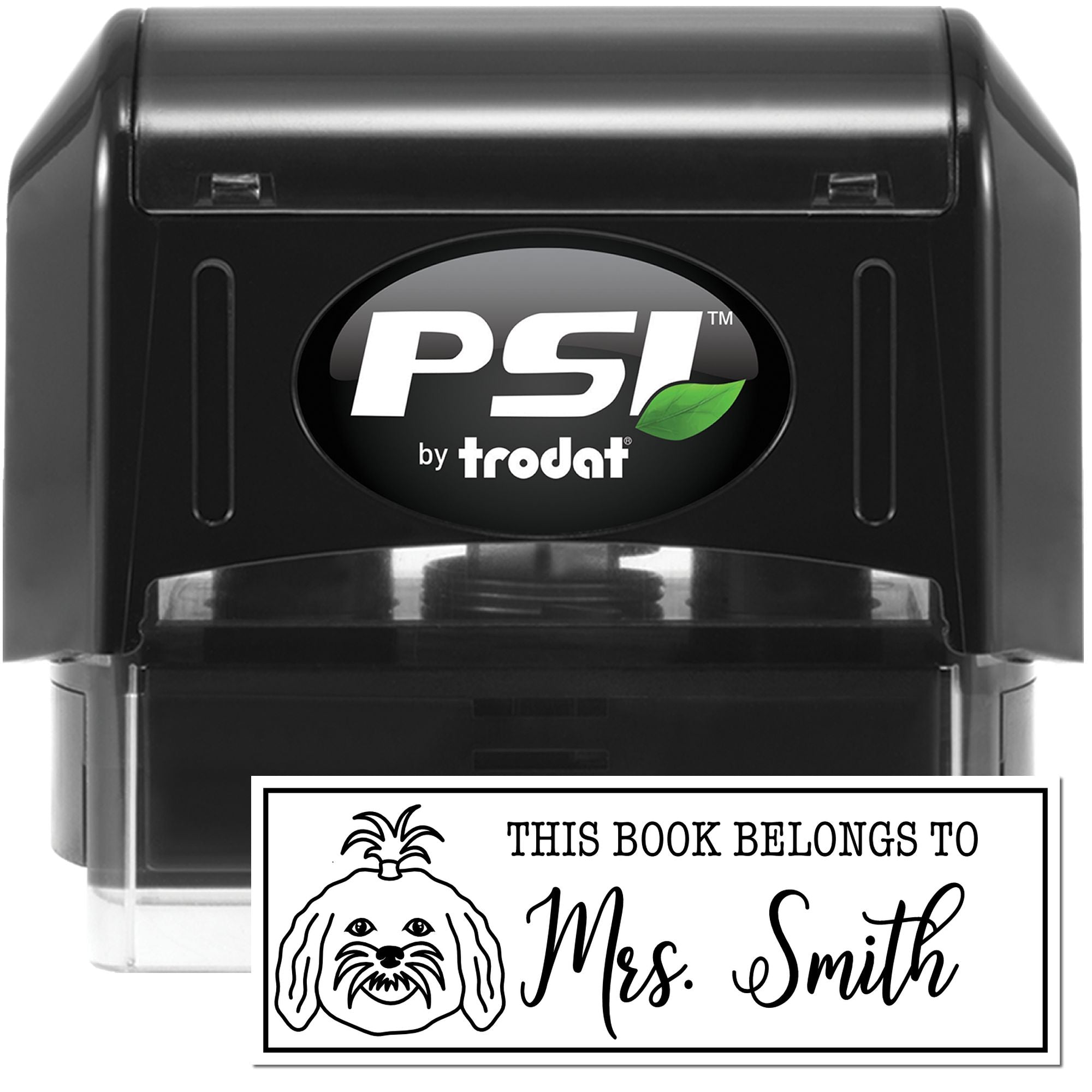PSI by Trodat self-inking rubber stamp for books, featuring custom This Book Belongs To Mrs. Smith dog name design.
